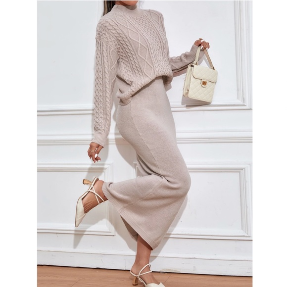 2 Piece Knit Skirt Set Blush Color Long Skirt & Cable Knit Set - Picture 2 of 11